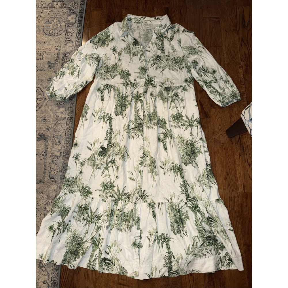 Rachel Zoe Maxi Dress XL White Green Excellent Linen Blend Tiered Resortwear